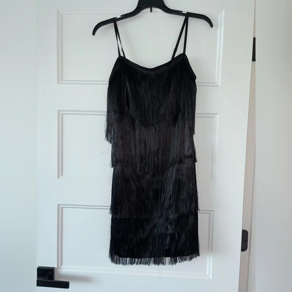 Black 20s flapper dress size XS fringe great gatsby style